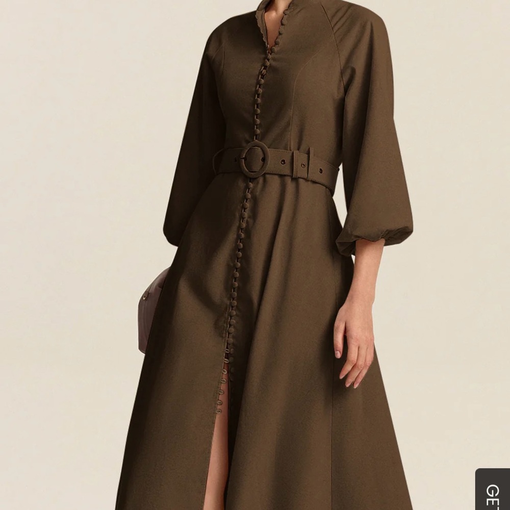 Commense Brown Long Sleeve Belted Dress